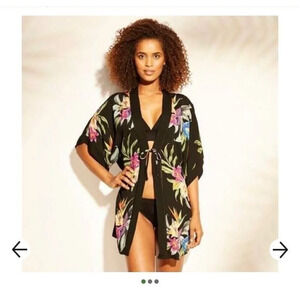 Kona Sol Womens S/M Tropical Floral Palm Leaf Black Kimono Cover Up Duster